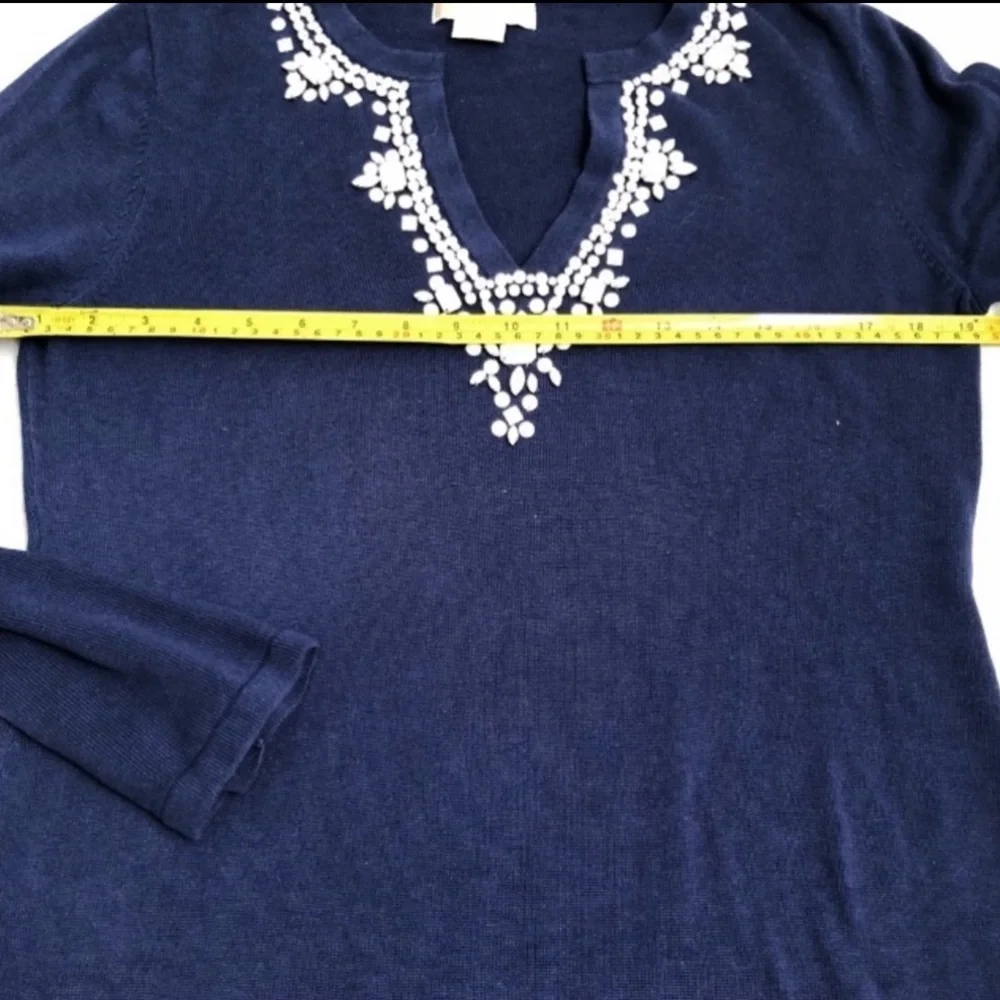 MICHAEL Michael Kors blue v-neck knit with white beads around neckline
